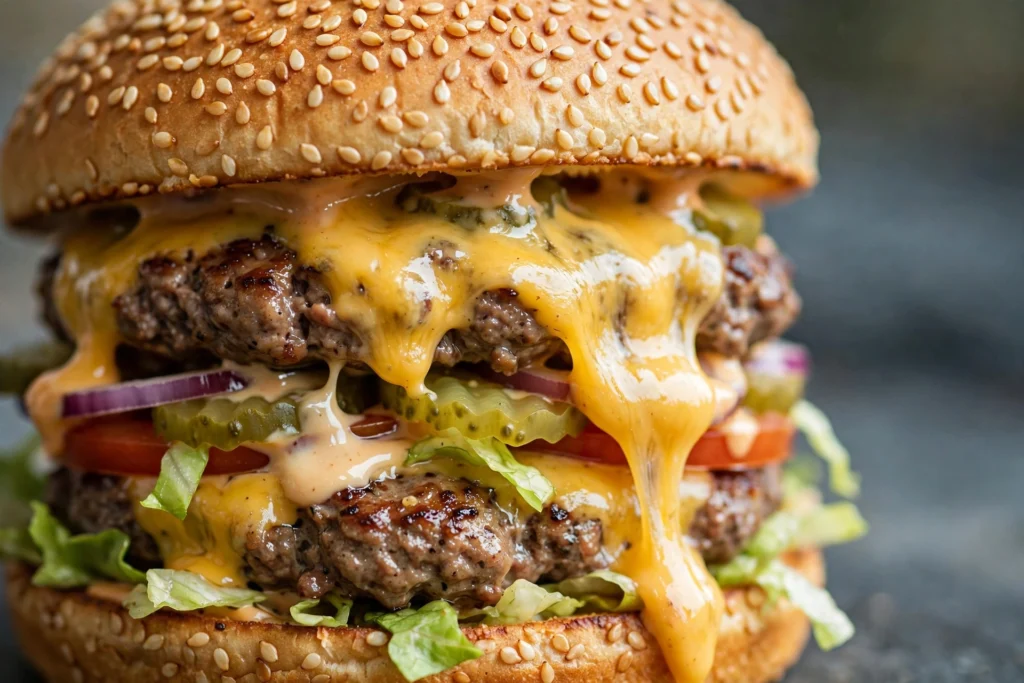 Big Mac Preis: Doppelstöckiger Burger mit Sesambrötchen und geschmolzenem Käse in Nahaufnahme