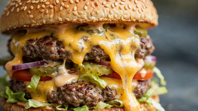 Big Mac Preis: Doppelstöckiger Burger mit Sesambrötchen und geschmolzenem Käse in Nahaufnahme