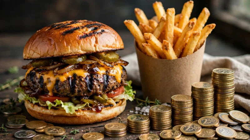 Burger King Coupons 2026: Burger mit Pommes und Münzen als Spar-Konzept