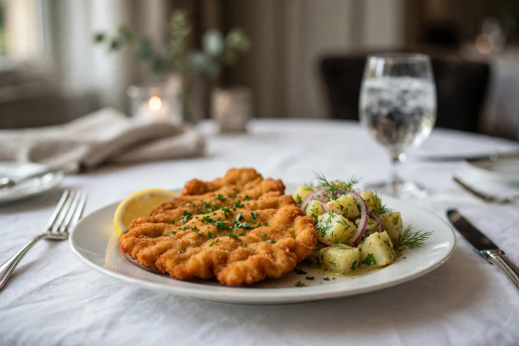 Wiener Schnitzel mit Kartoffelsalat auf weißer Tischdecke im feinen Restaurant