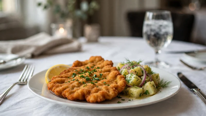 Wiener Schnitzel mit Kartoffelsalat auf weißer Tischdecke im feinen Restaurant