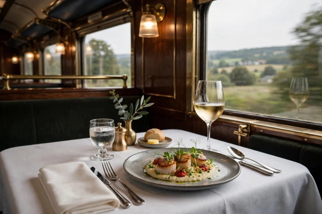 Elegant gedeckter Tisch im Zugrestaurant mit angerichtetem Gericht und Weinglas
