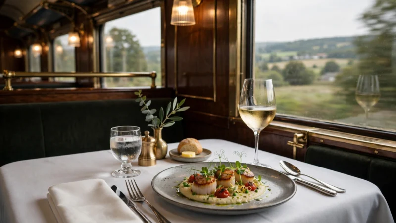 Elegant gedeckter Tisch im Zugrestaurant mit angerichtetem Gericht und Weinglas