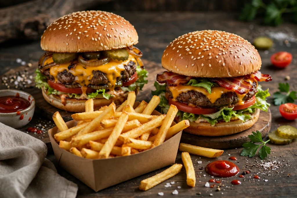 Zwei Burger mit Pommes frites als Aktions-Angebot