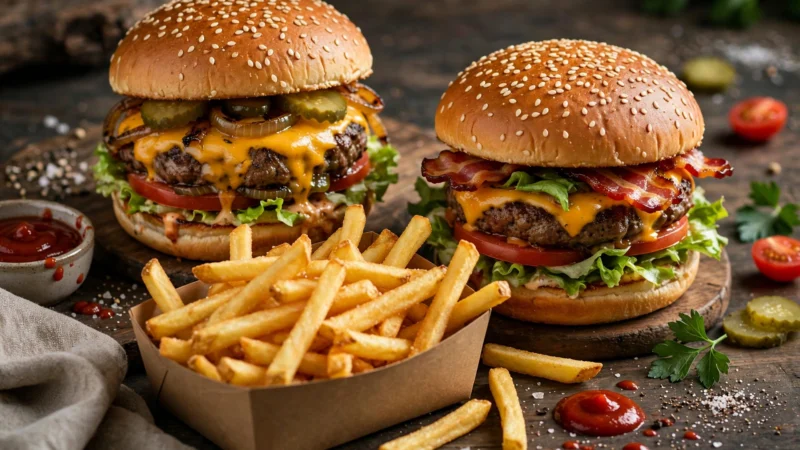 Zwei Burger mit Pommes frites als Aktions-Angebot