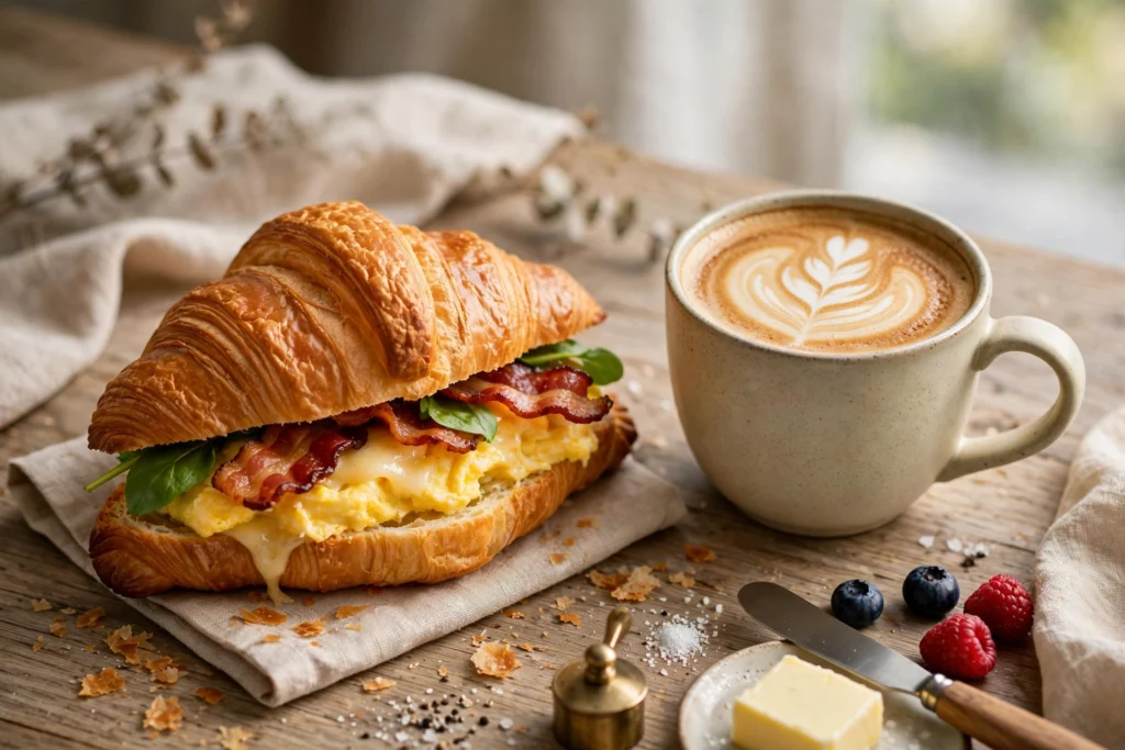 Burger King Frühstück: Croissant-Sandwich mit Kaffee auf Morgentisch