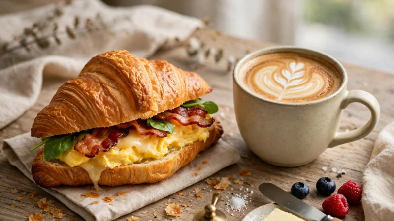 Burger King Frühstück: Croissant-Sandwich mit Kaffee auf Morgentisch