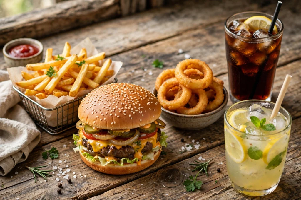 Burger King Speisekarte 2026: Burger-Menü mit Pommes, Onion Rings und Getränken auf rustikalem Holztisch