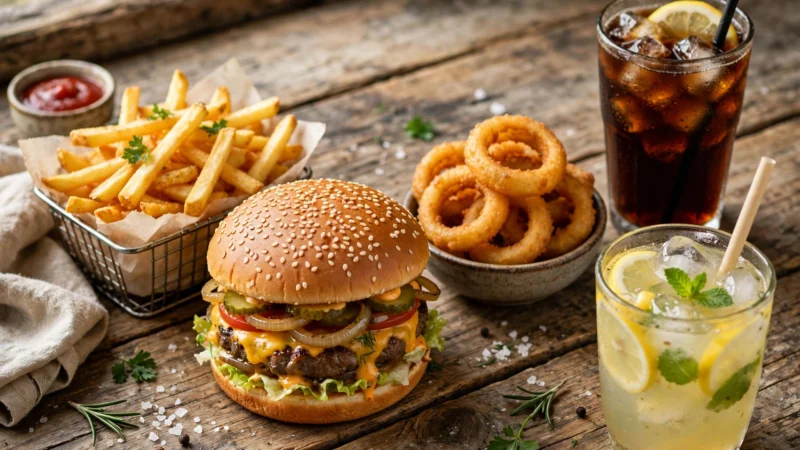 Burger King Speisekarte 2026: Burger-Menü mit Pommes, Onion Rings und Getränken auf rustikalem Holztisch