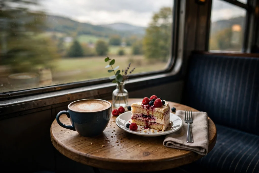 Kaffeetasse und Kuchenstück auf einem Bistrotisch im Zug mit Blick aus dem Fenster