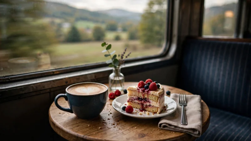 Kaffeetasse und Kuchenstück auf einem Bistrotisch im Zug mit Blick aus dem Fenster