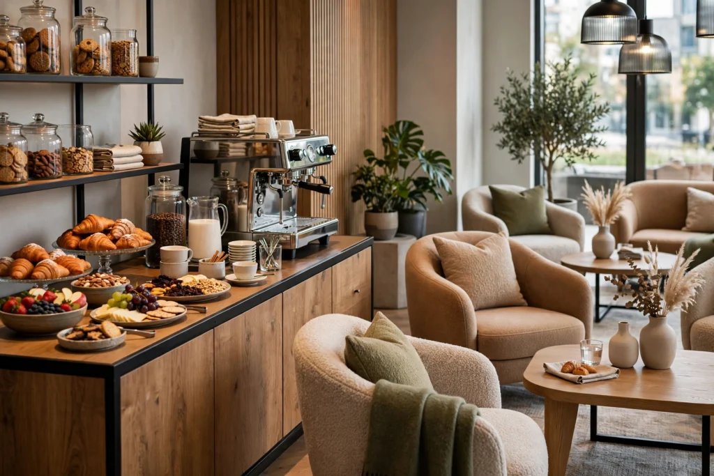 Moderne Lounge mit Kaffee- und Snackbuffet und bequemen Sesseln
