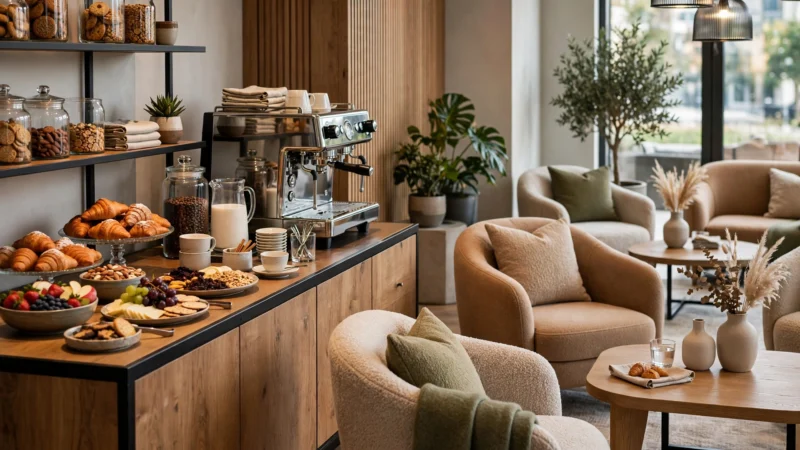 Moderne Lounge mit Kaffee- und Snackbuffet und bequemen Sesseln