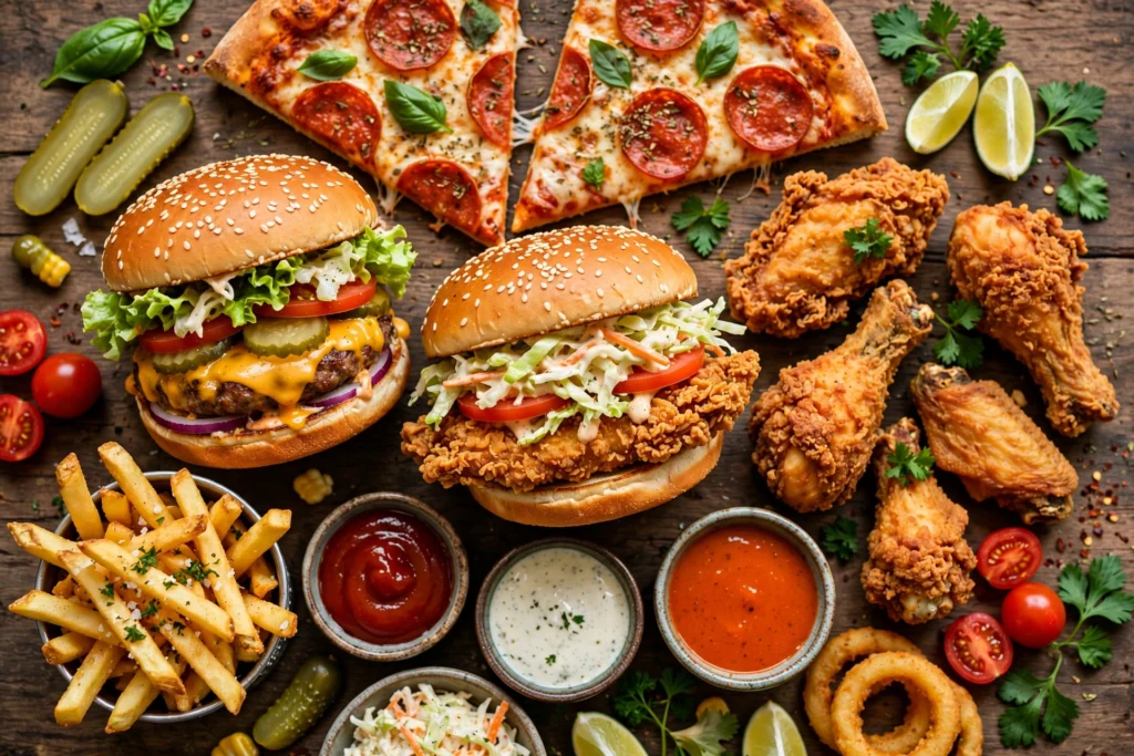 Fast-Food-Auswahl mit Burgern, Pizza und Hähnchen in der Vogelperspektive