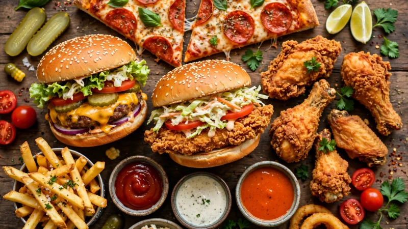 Fast-Food-Auswahl mit Burgern, Pizza und Hähnchen in der Vogelperspektive