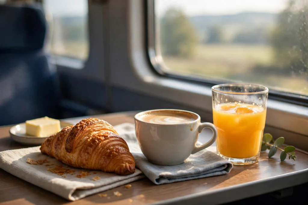 Frühstück mit Croissant, Kaffee und Orangensaft auf einem Zugtisch im Morgenlicht