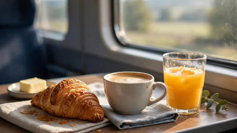 Frühstück mit Croissant, Kaffee und Orangensaft auf einem Zugtisch im Morgenlicht