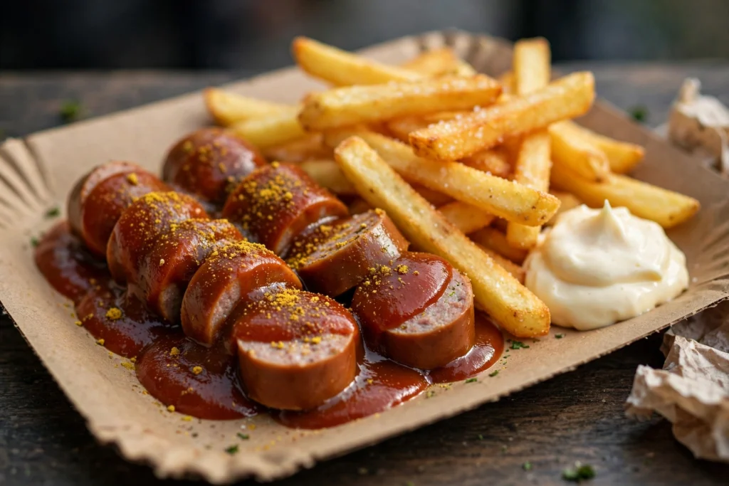 Currywurst mit Pommes und Mayo auf Papptablett in der Imbissbude