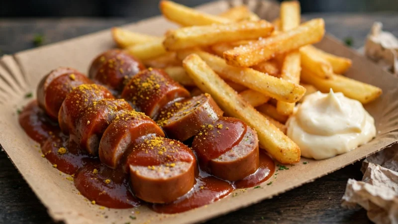 Currywurst mit Pommes und Mayo auf Papptablett in der Imbissbude