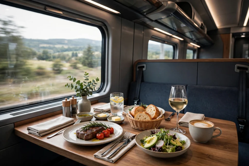 Gedeckter Restauranttisch mit Gerichten und Getränken im modernen Zug