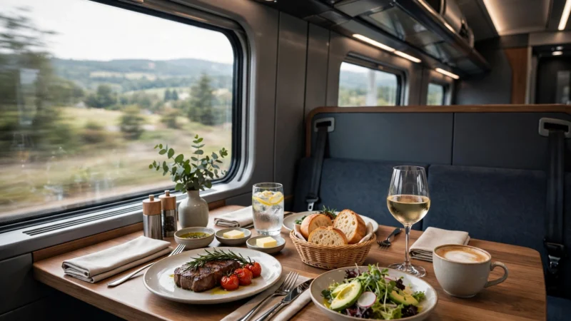 Gedeckter Restauranttisch mit Gerichten und Getränken im modernen Zug