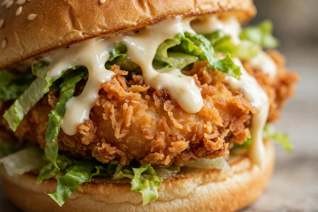 Knuspriger Chicken-Burger mit Salat und Mayonnaise in Nahaufnahme