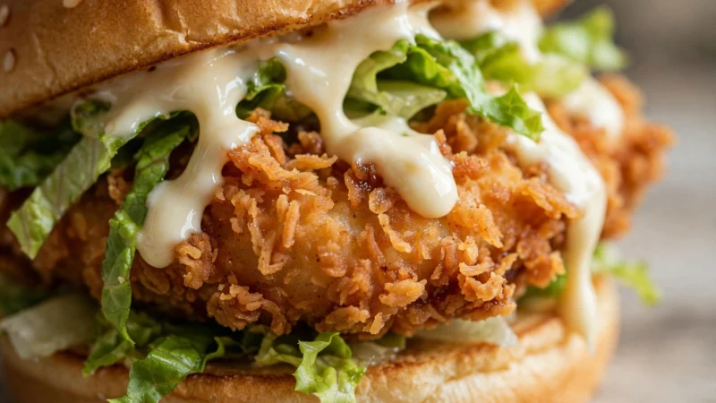 Knuspriger Chicken-Burger mit Salat und Mayonnaise in Nahaufnahme