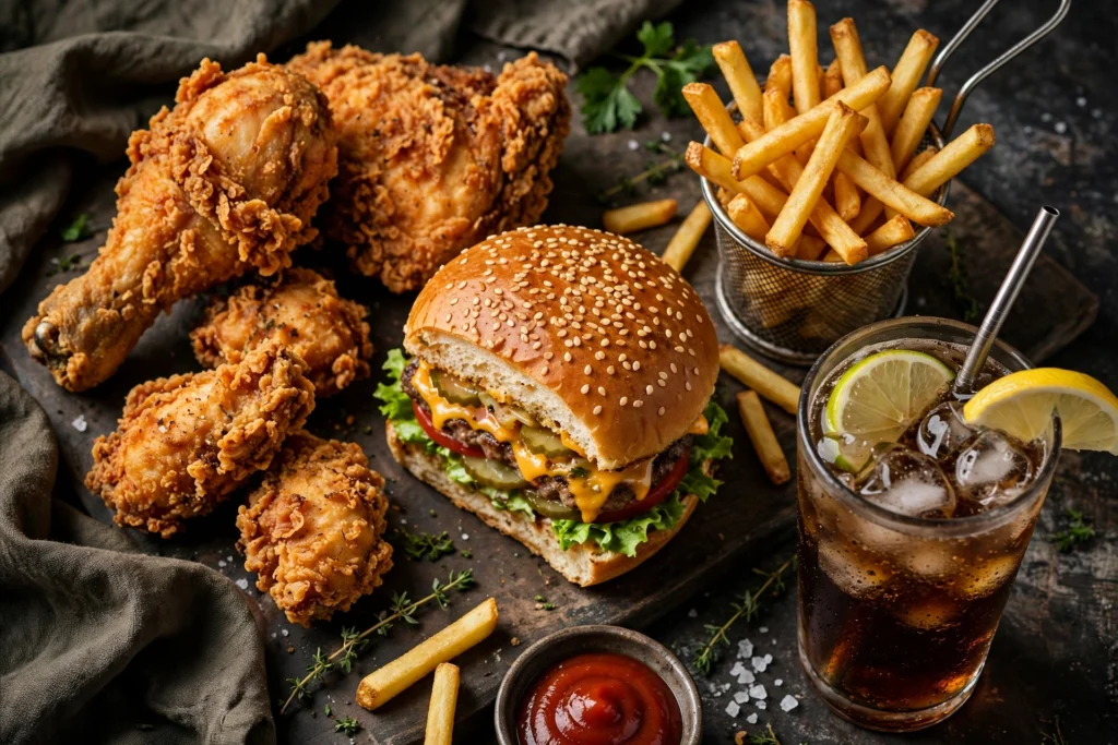 Knuspriges Hähnchen-Menü mit Burger, Pommes und Softdrink auf einem Tisch