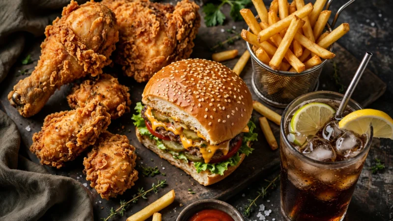 Knuspriges Hähnchen-Menü mit Burger, Pommes und Softdrink auf einem Tisch
