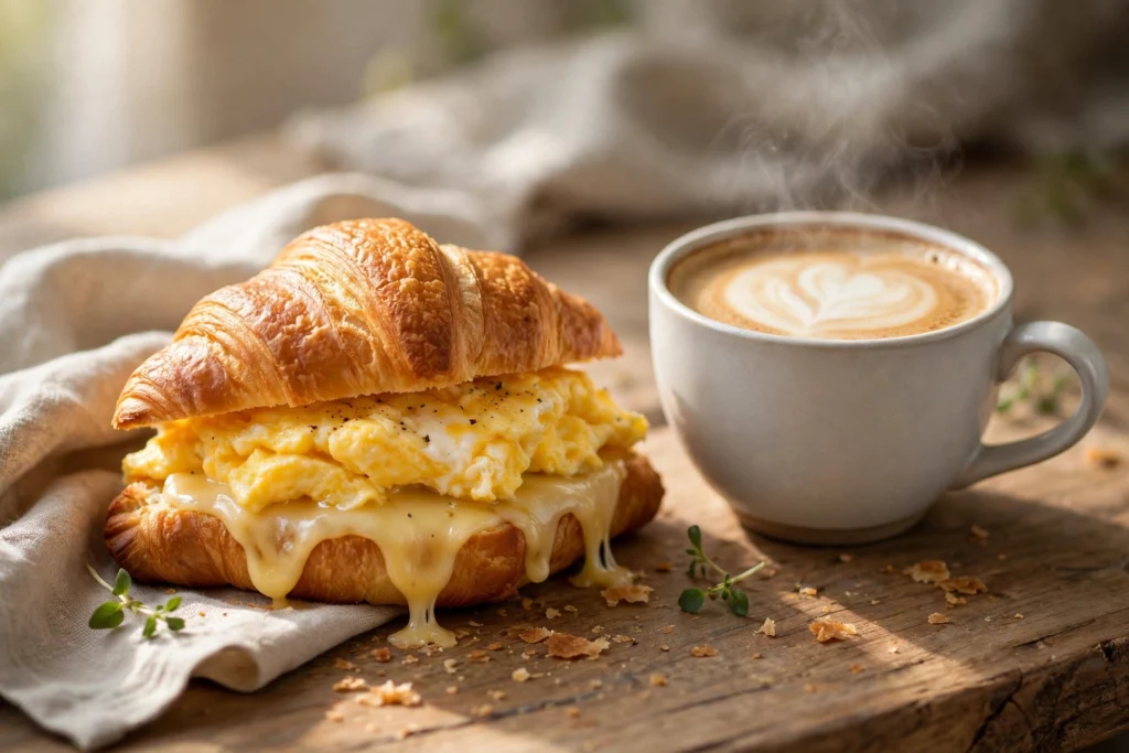 McDonald's Frühstück: Sandwich mit Ei und Käse plus Kaffee auf Holztisch im Morgenlicht