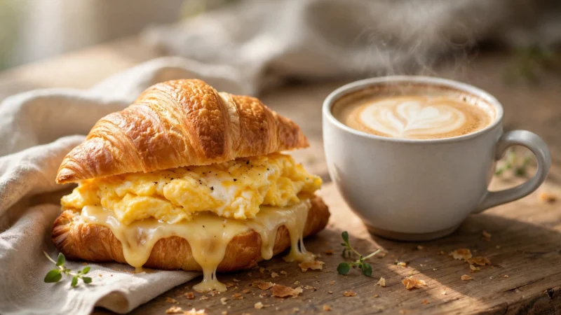 McDonald's Frühstück: Sandwich mit Ei und Käse plus Kaffee auf Holztisch im Morgenlicht