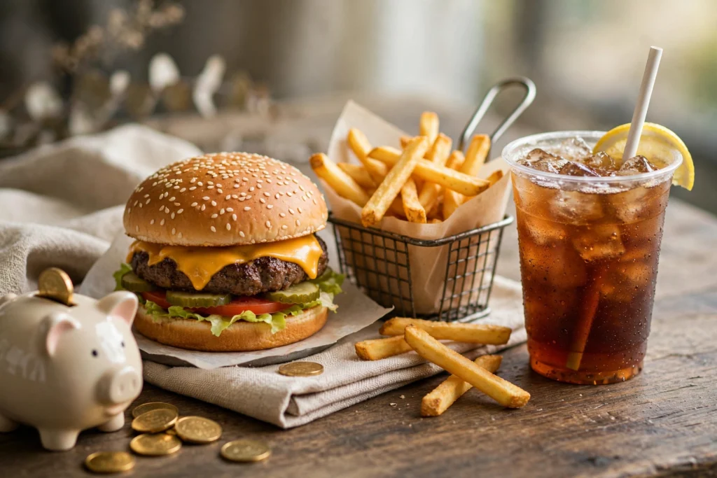McDonald's Menü mit Burger, Pommes frites und Getränk als Spar-Angebot auf einem Tisch
