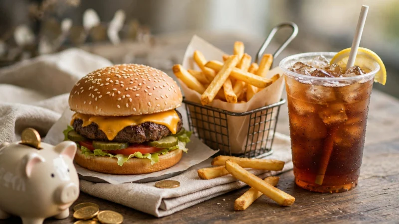 McDonald's Menü mit Burger, Pommes frites und Getränk als Spar-Angebot auf einem Tisch