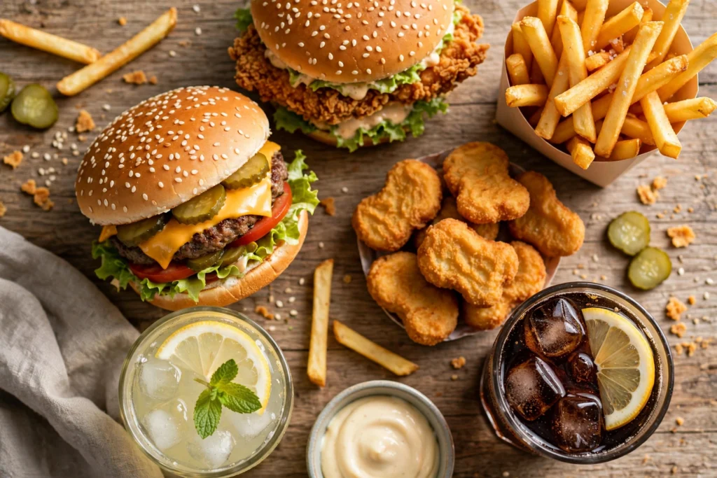 McDonald's Menü 2026: Burger, Pommes, Chicken Nuggets und Getränke in der Übersicht von oben
