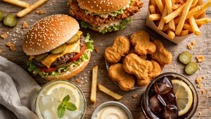 McDonald's Menü 2026: Burger, Pommes, Chicken Nuggets und Getränke in der Übersicht von oben