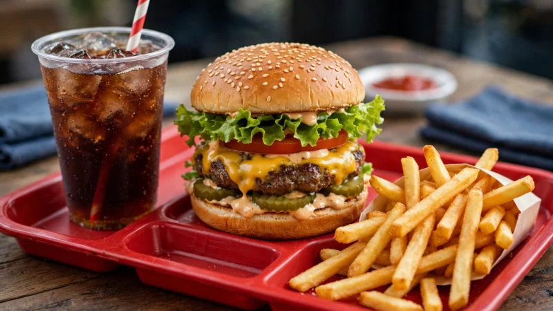 McDonald's Preise 2026: Burger, Pommes und Softdrink auf rotem Tablett