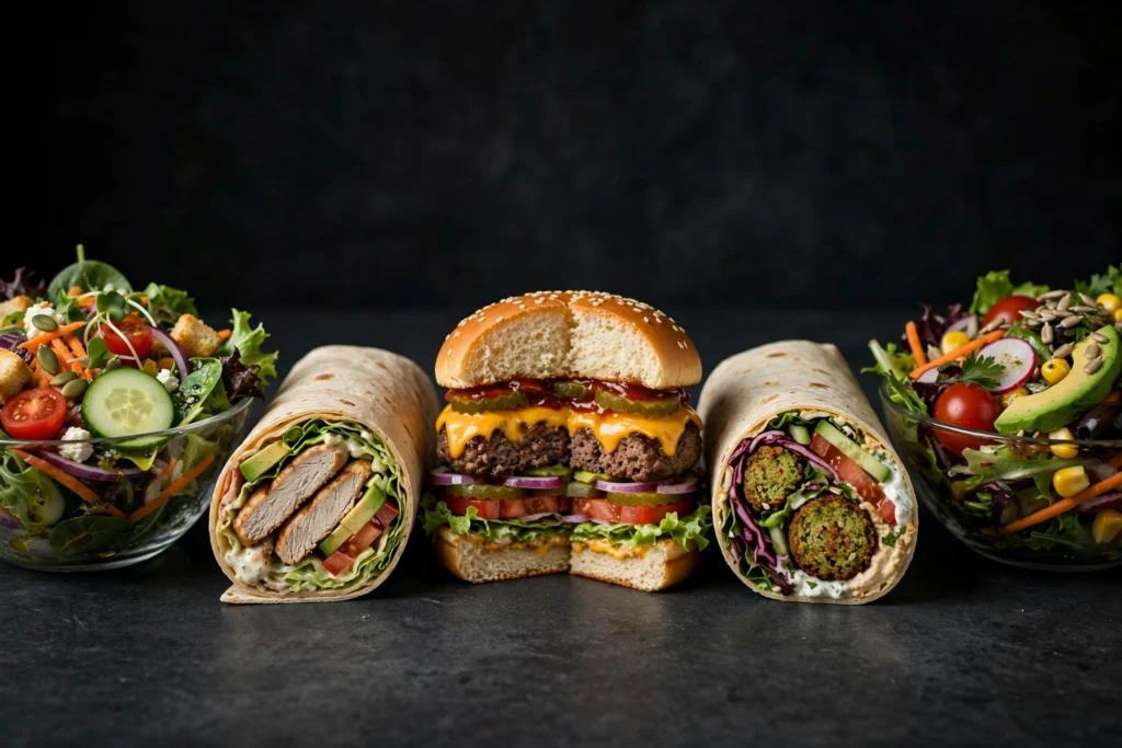 McDonald's Produkte: Burger, Wraps und Salate in einer Reihe auf dunklem Hintergrund