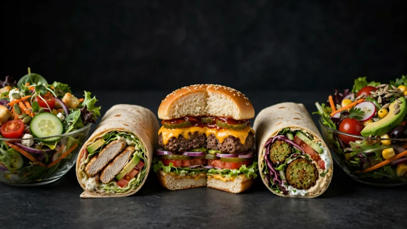 McDonald's Produkte: Burger, Wraps und Salate in einer Reihe auf dunklem Hintergrund