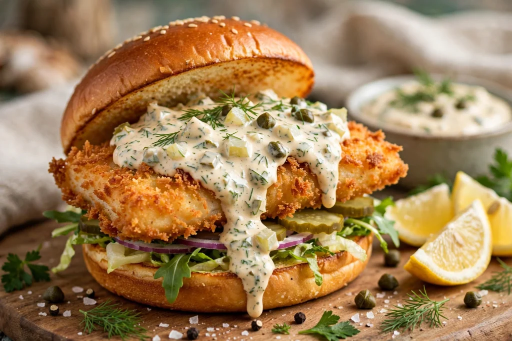 Frisches Fischbrötchen mit knusprigem Fischfilet und Remoulade