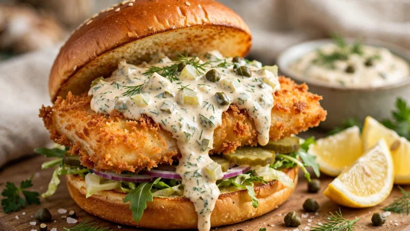 Frisches Fischbrötchen mit knusprigem Fischfilet und Remoulade