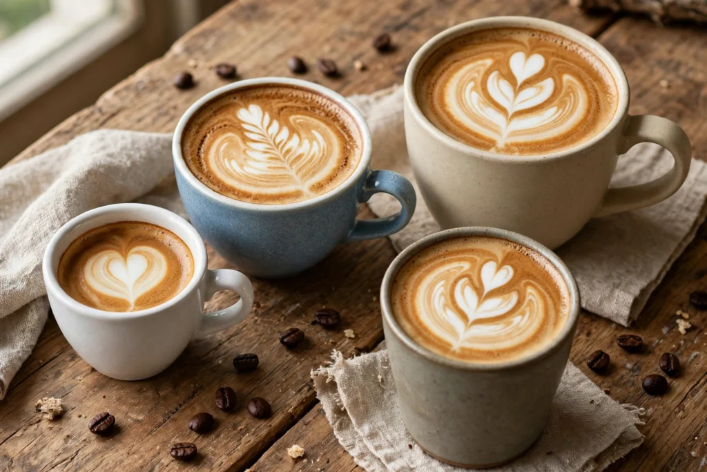 Verschiedene Kaffeebecher in unterschiedlichen Größen mit Latte Art auf Holztisch
