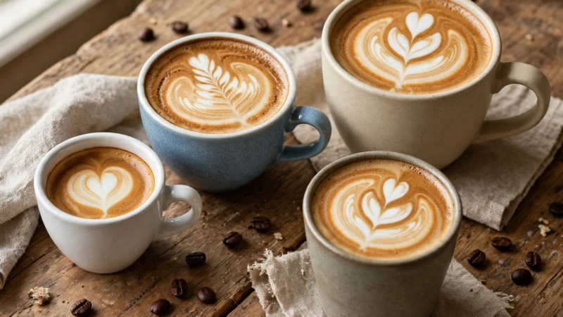 Verschiedene Kaffeebecher in unterschiedlichen Größen mit Latte Art auf Holztisch
