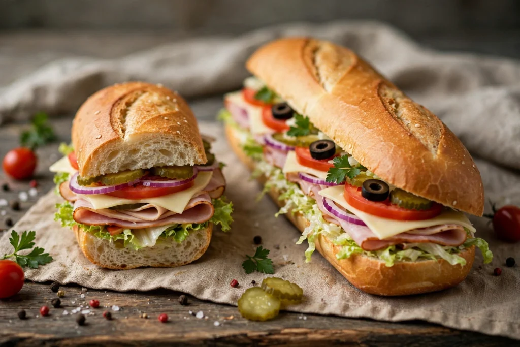 Zwei Sub-Sandwiches nebeneinander zum Größenvergleich, ein kurzes und ein langes