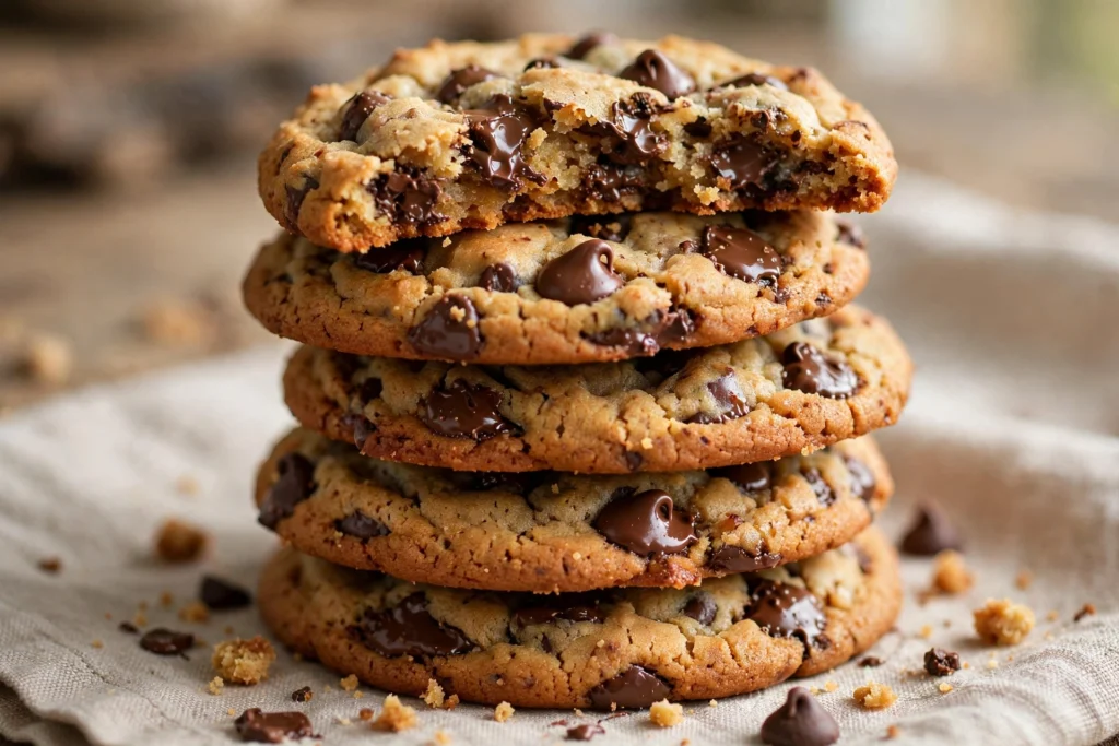 Stapel frisch gebackener Chocolate-Chip-Cookies in Nahaufnahme