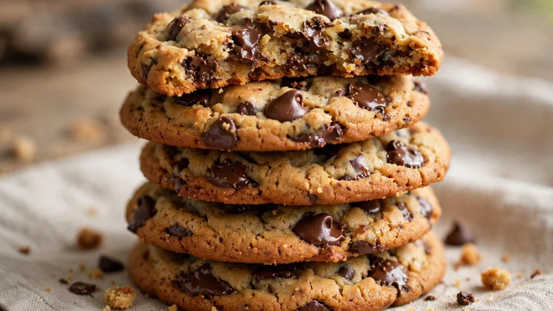 Stapel frisch gebackener Chocolate-Chip-Cookies in Nahaufnahme