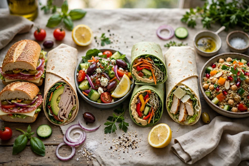 Verschiedene Sub-Sandwiches, Wraps und Salate in einer Reihe