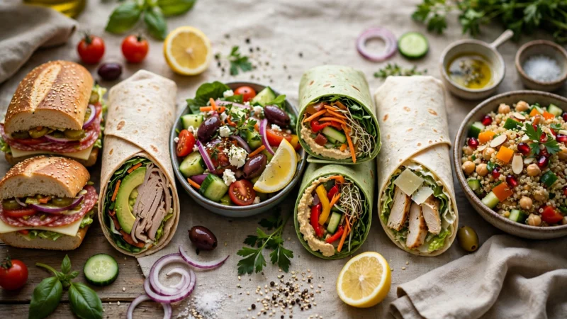 Verschiedene Sub-Sandwiches, Wraps und Salate in einer Reihe
