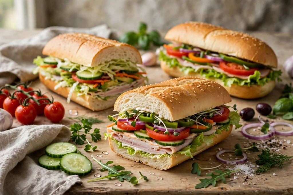 Frische Sub-Sandwiches mit Gemüse auf einer Theke