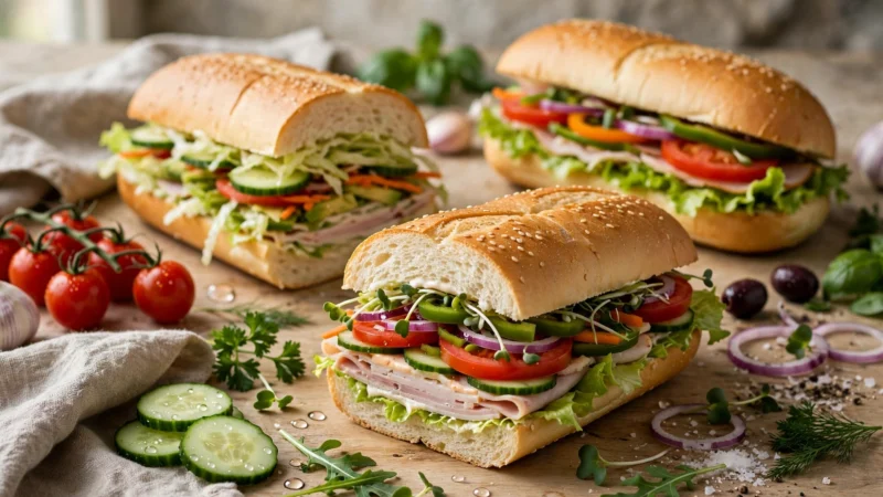 Frische Sub-Sandwiches mit Gemüse auf einer Theke