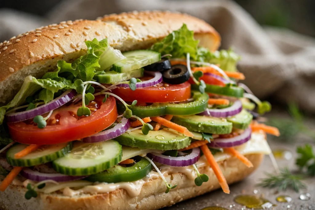 Belegtes Sub-Sandwich mit frischem Gemüse in Nahaufnahme